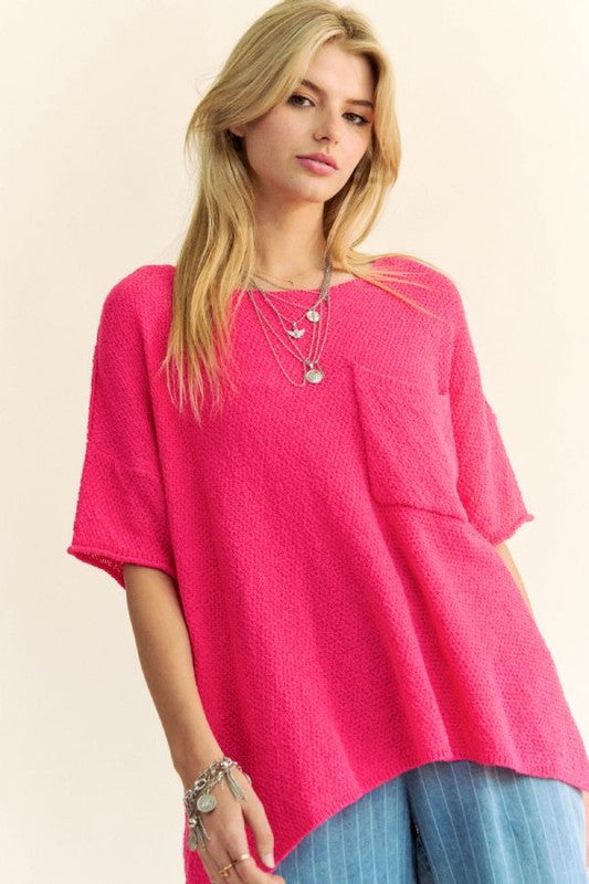 Davi &amp; Dani Side Slit Round Neck Half Sleeve Knit Top - Sydney So Sweet