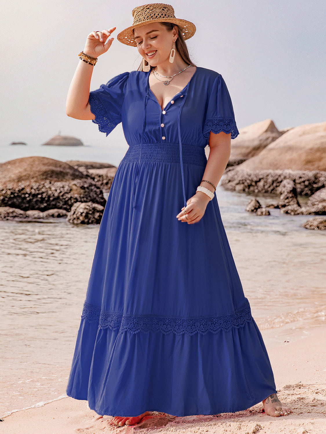 Plus Size Lace Detail Tie Neck Short Sleeve Maxi Dress - Sydney So Sweet