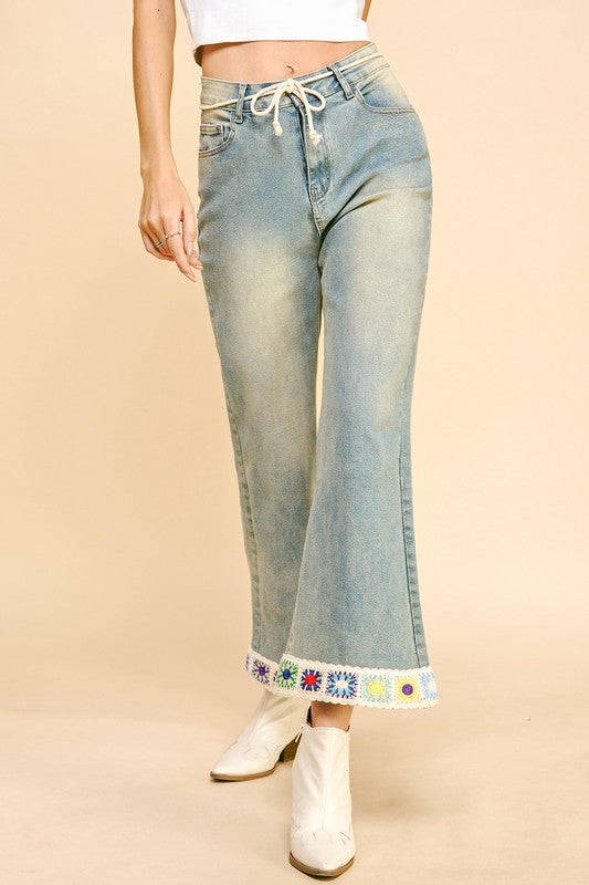 Davi & Dani Crochet Trim Flare Jeans with Pockets - Sydney So Sweet