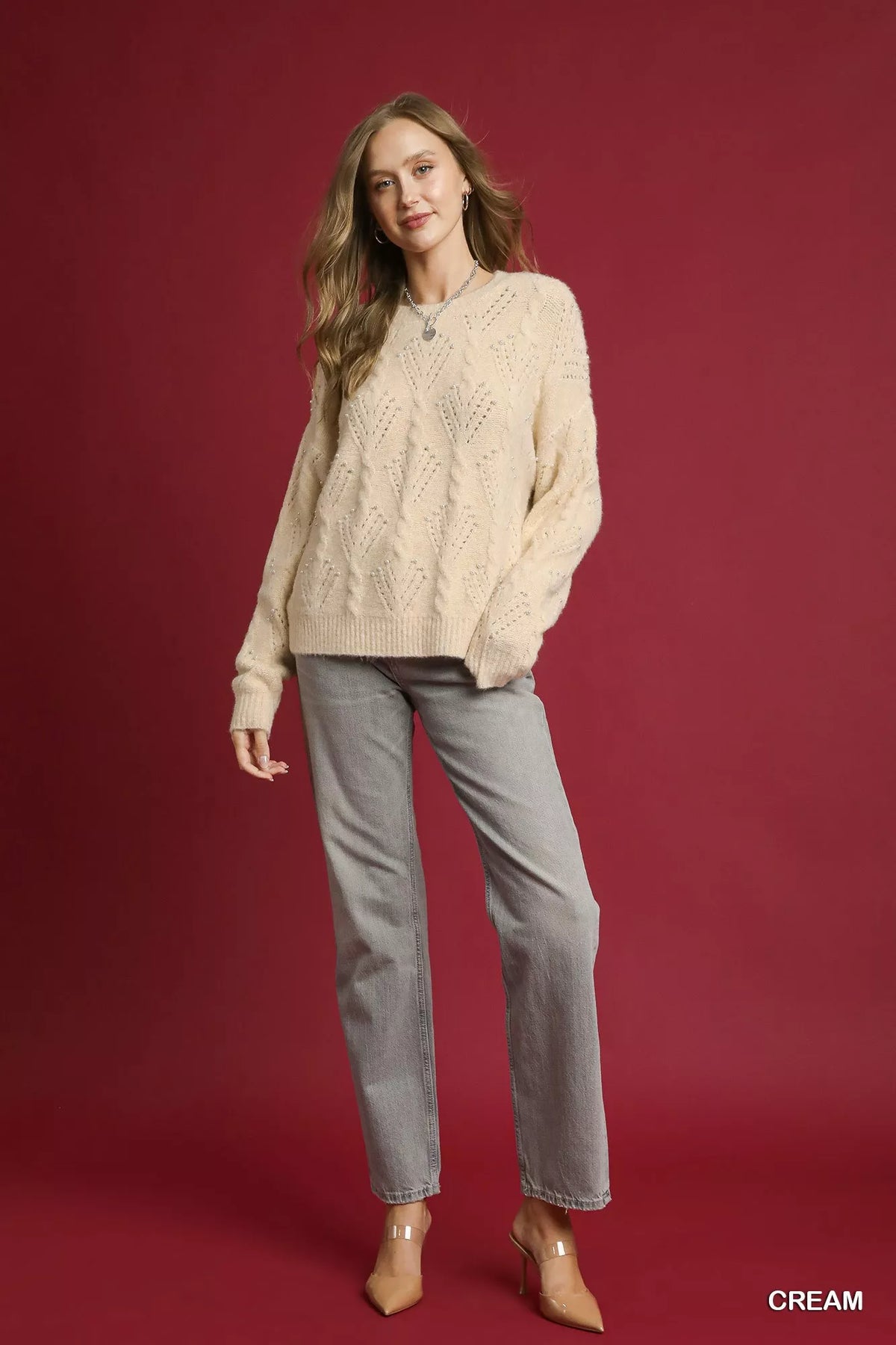 Umgee Pearl-Embellished Long Sleeve Sweater - Sydney So Sweet