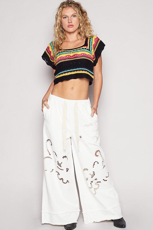 POL Openwork Ethnic Pattern Square Neck Cropped Knit Top - Sydney So Sweet