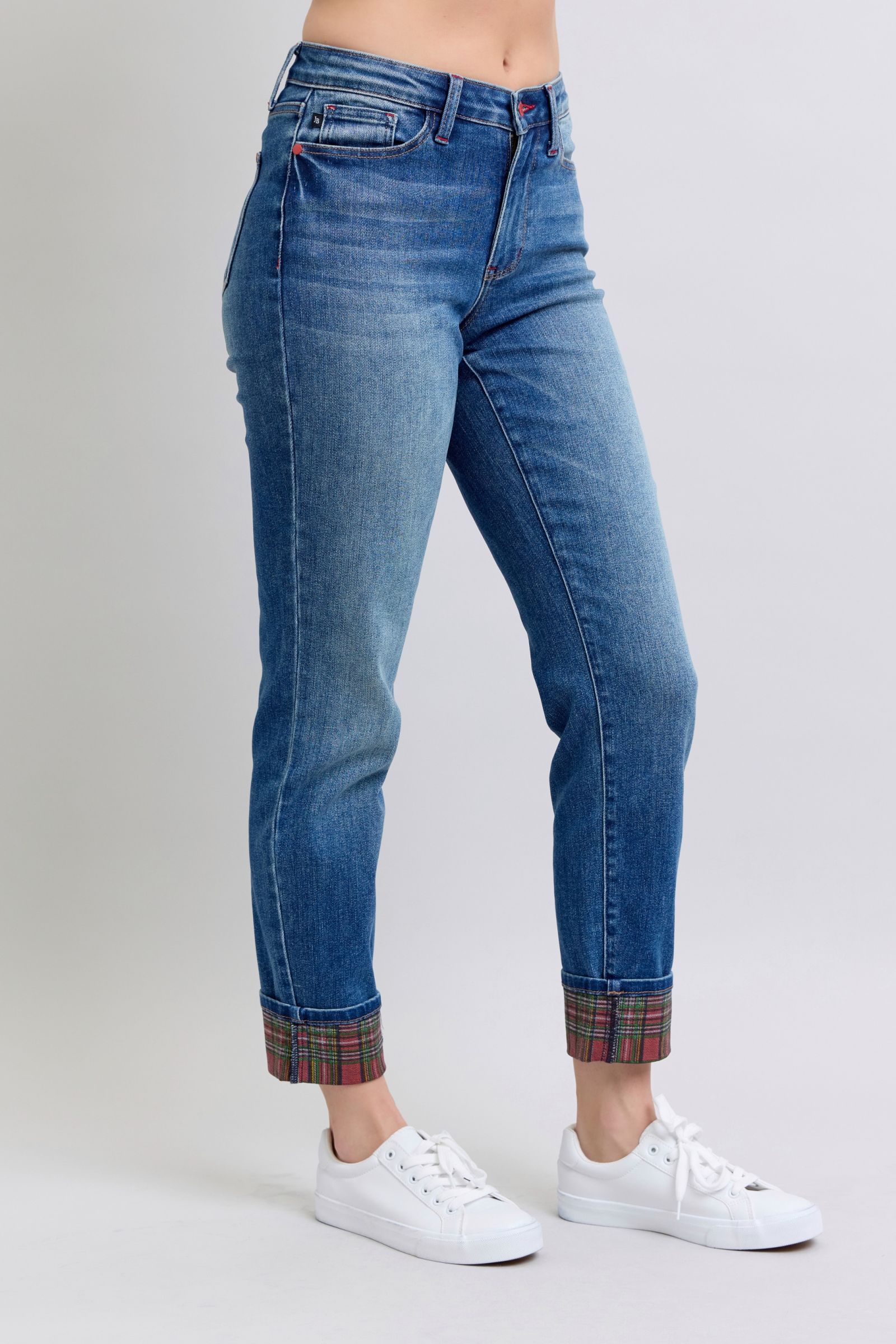 Judy Blue Full Size Plaid Print Cuff Straight Leg Jeans with Pockets - Sydney So Sweet