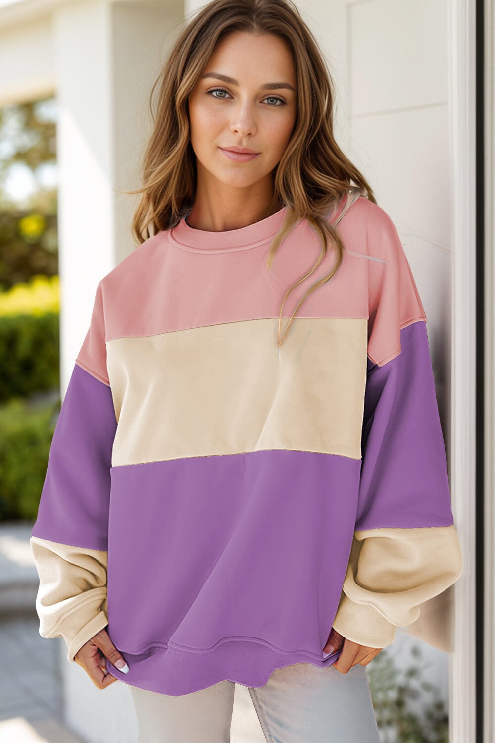 Color Block Round Neck Long Sleeve Sweatshirt - Sydney So Sweet