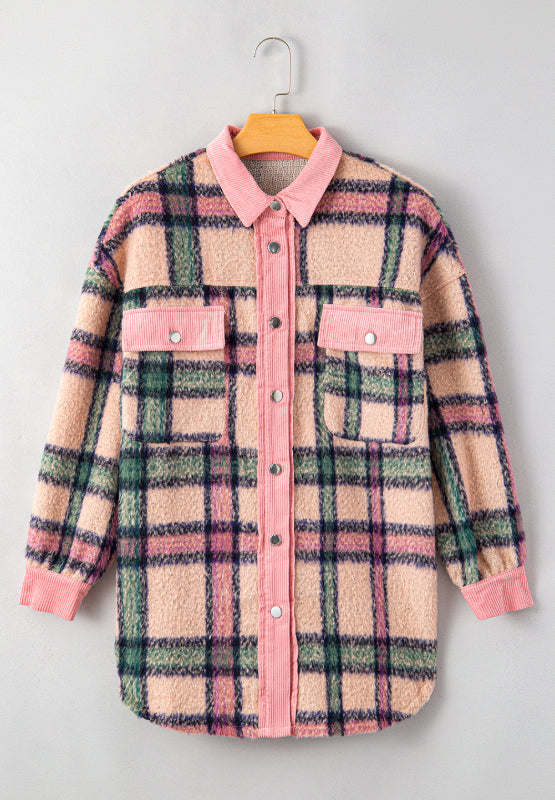 Fuzzy Plaid Corduroy Patchwork Shacket - Sydney So Sweet