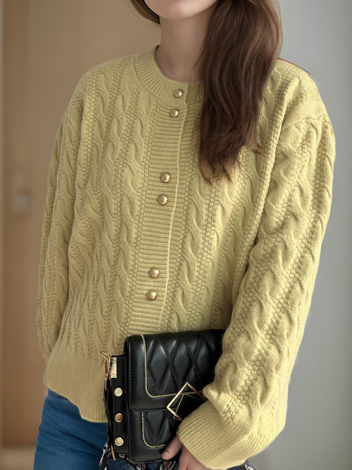 Cable-Knit Round Neck Long Sleeve Cardigan - Sydney So Sweet