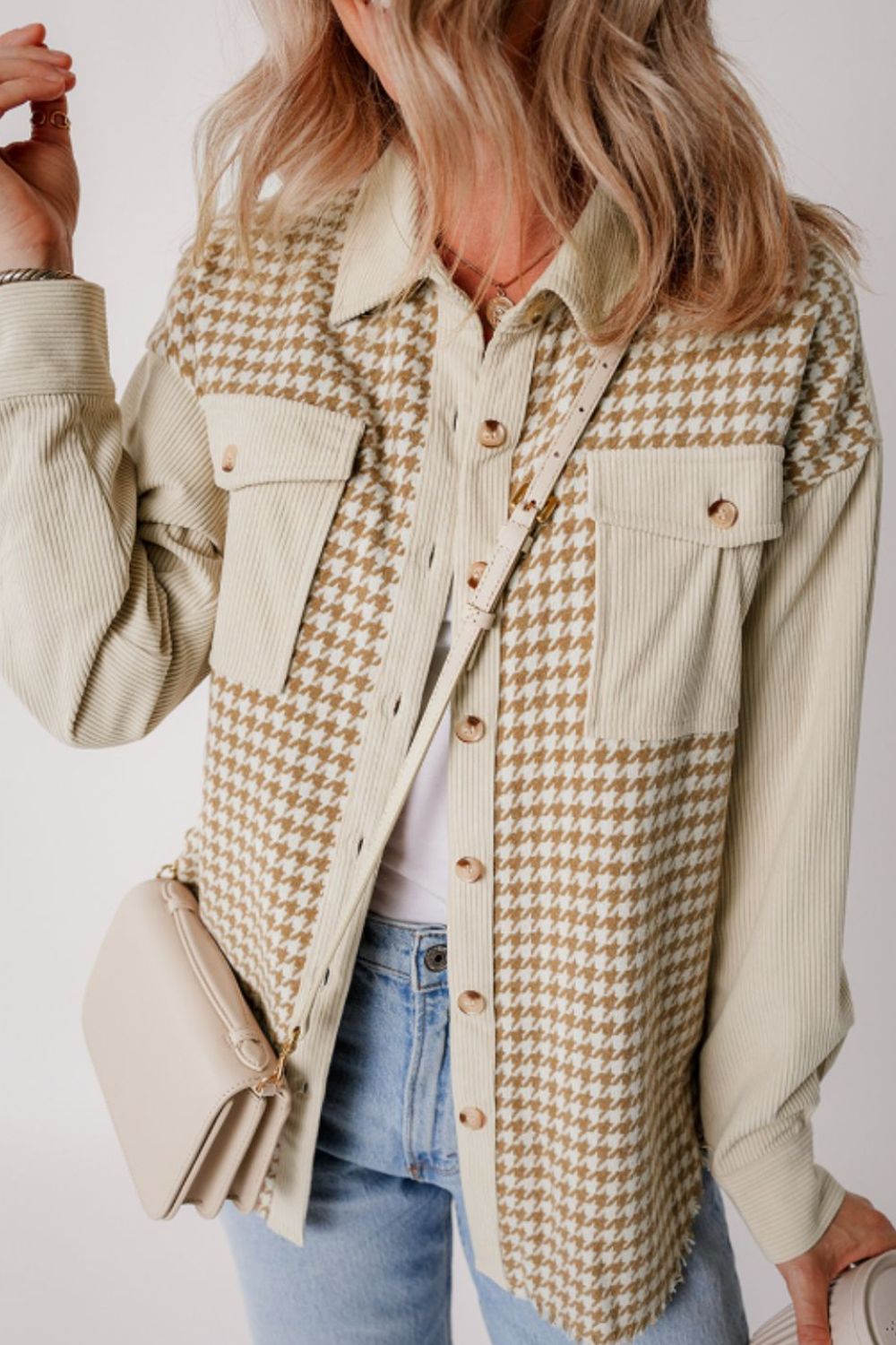 Houndstooth Button Up Long Sleeve Jacket - Sydney So Sweet