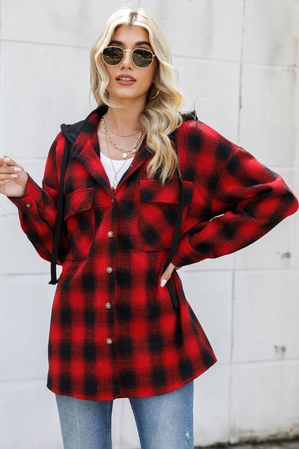 Drawstring Plaid Long Sleeve Hooded Shacket - Sydney So Sweet