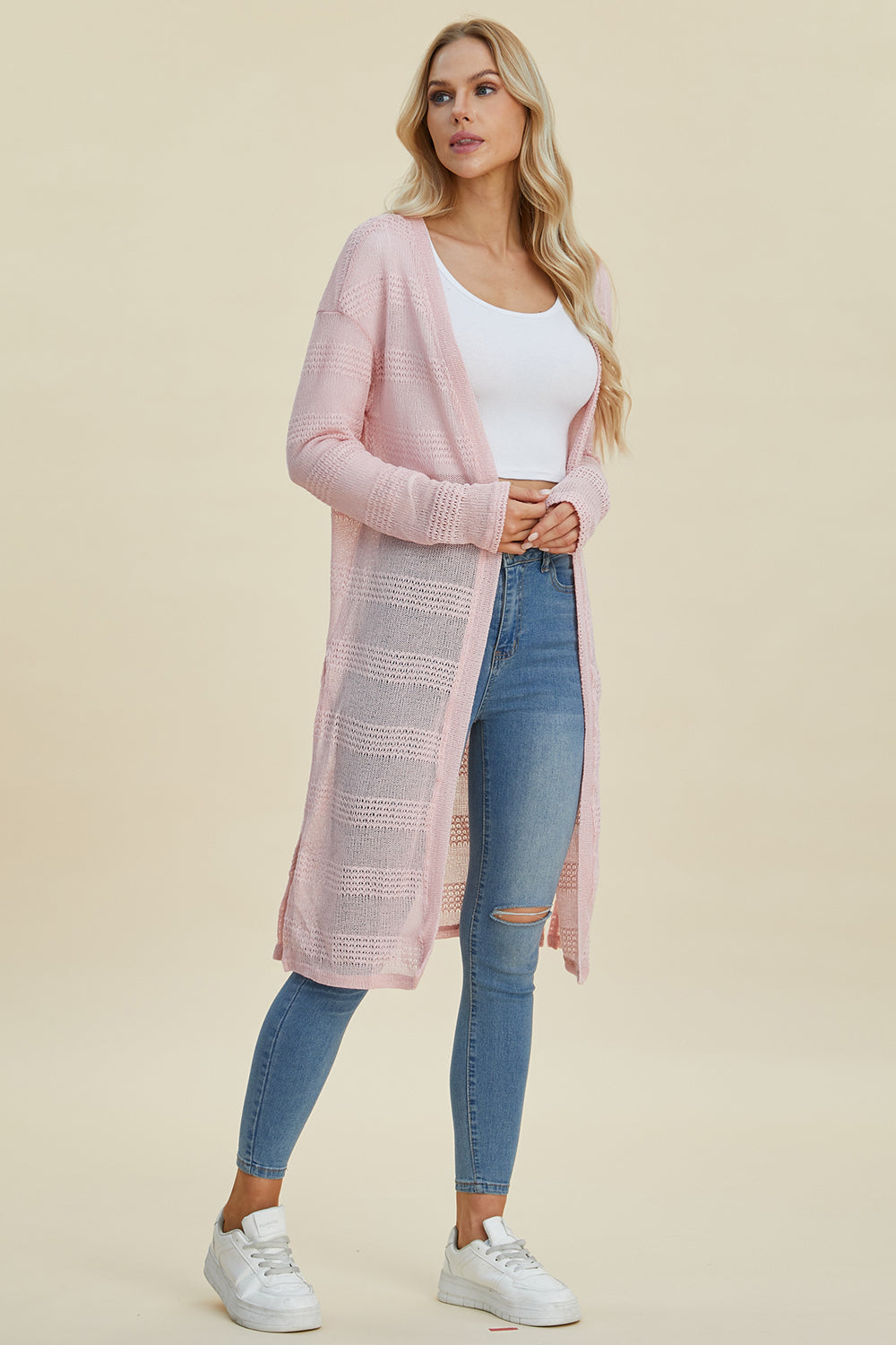 Double Take Full Size Open Front Longline Cardigan - Sydney So Sweet