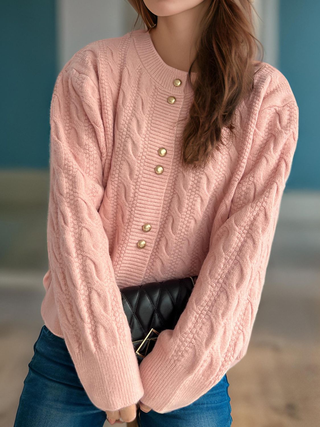 Cable-Knit Round Neck Long Sleeve Cardigan - Sydney So Sweet