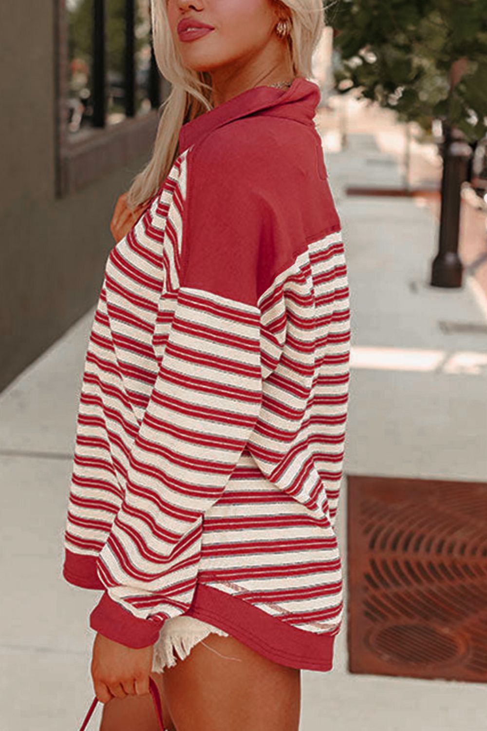 Stripe Johnny Collar Drop Shoulder Sweatshirt - Sydney So Sweet