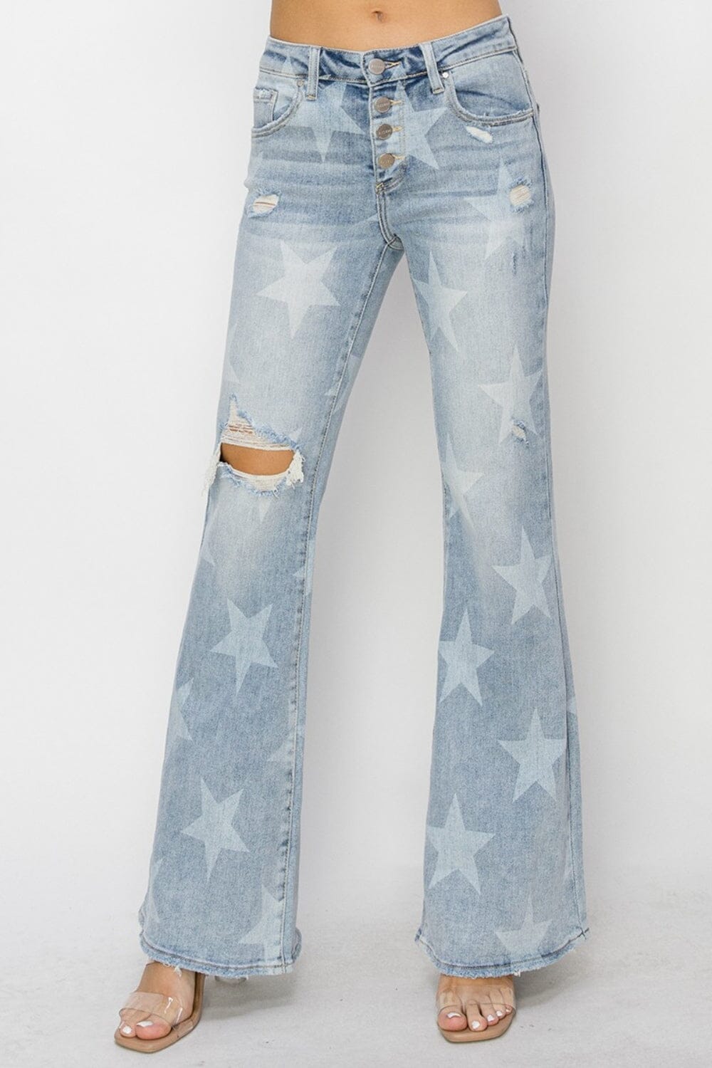 RISEN Mid Rise Button Fly Start Print Flare Jeans - Sydney So Sweet