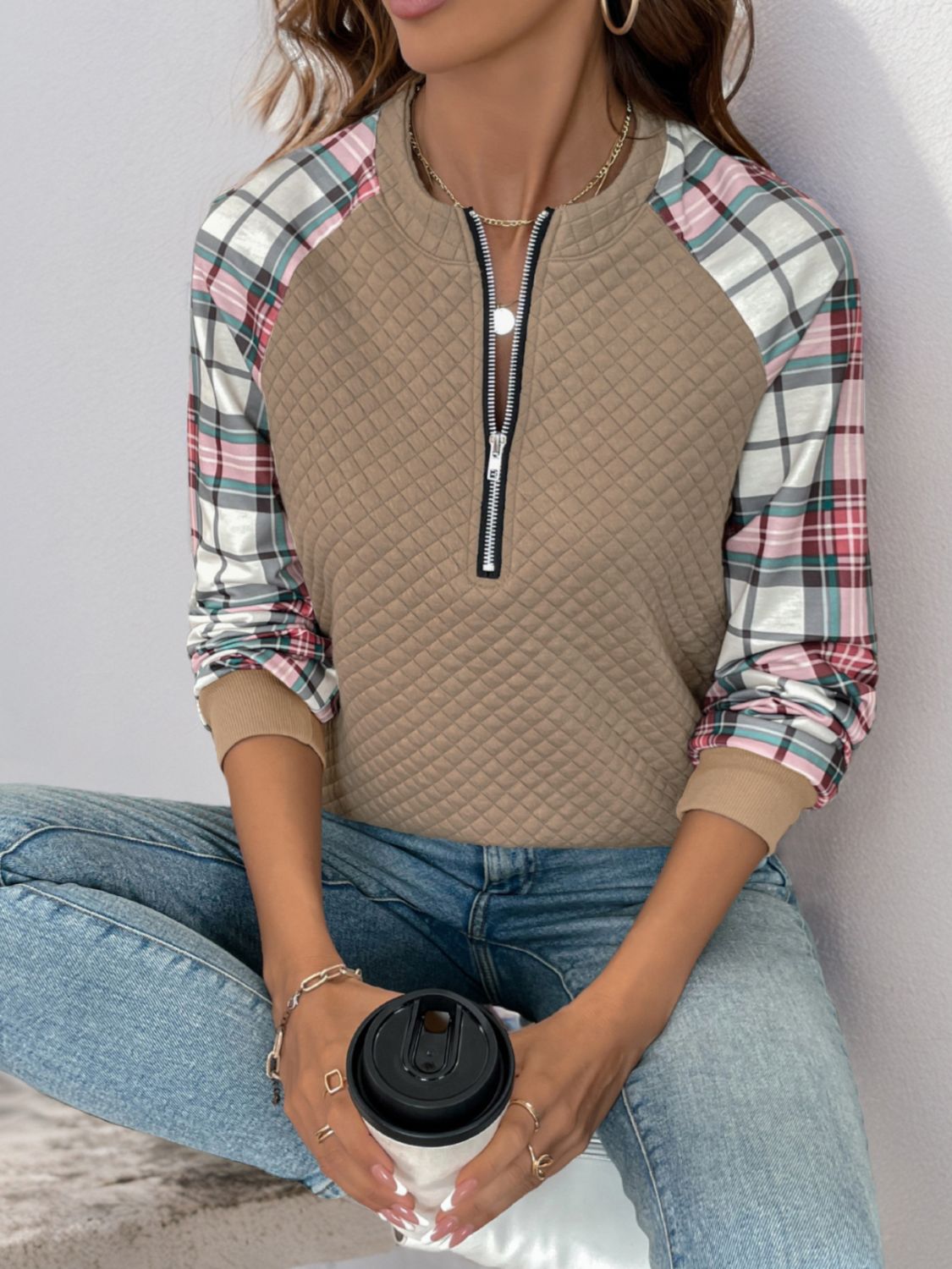 Perfee Plaid Half Zip Long Sleeve Texture Sweatshirt - Sydney So Sweet