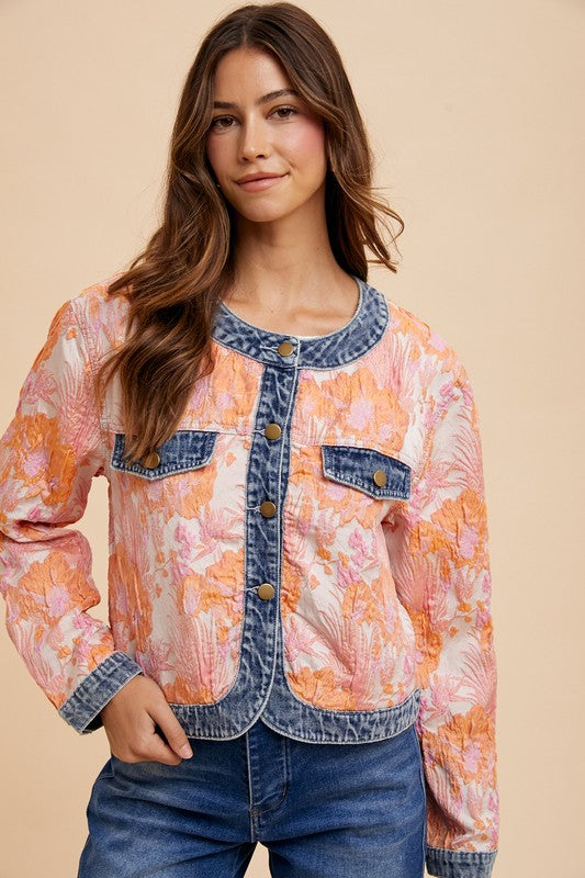 Annie Wear Floral Jacquard Denim Contrast Button Down Jacket - Sydney So Sweet