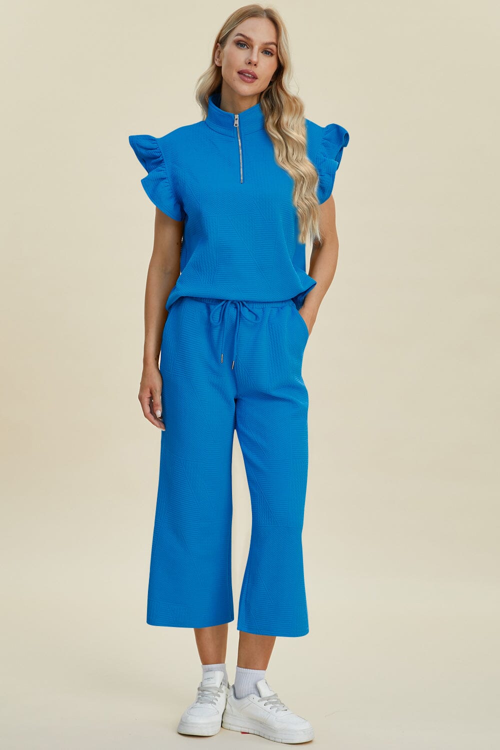 Double Take Full Size Texture Ruffle Short Sleeve Top and Wide Leg Pants Set - Sydney So Sweet