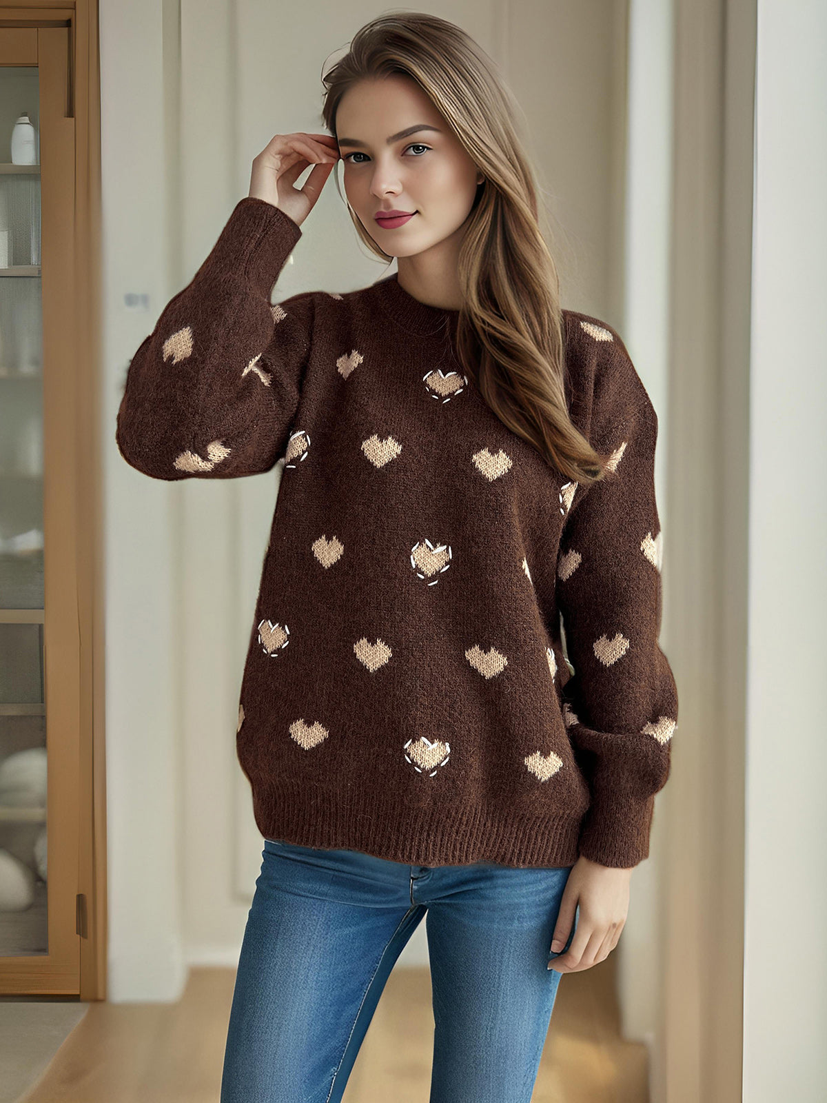 Heart Round Neck Long Sleeve Sweater - Sydney So Sweet