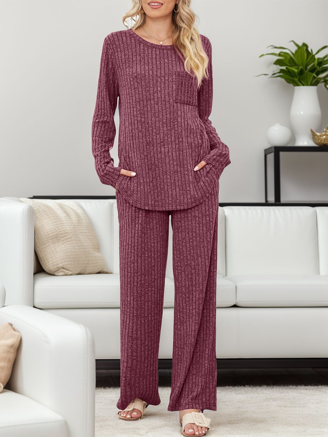 Round Neck Long Sleeve Top and Pants Set - Sydney So Sweet