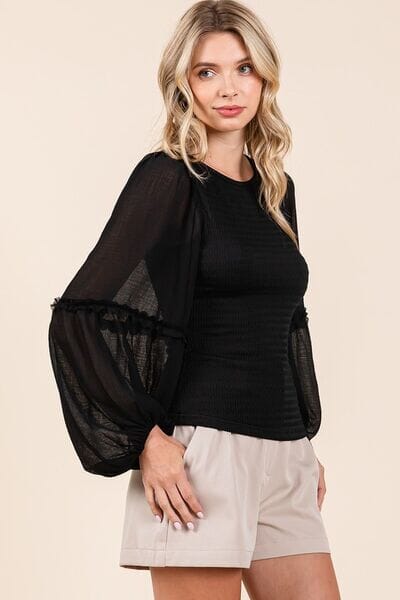 Mittoshop Mixed Media Textured Knit Chiffon Long Sleeve Top - Sydney So Sweet