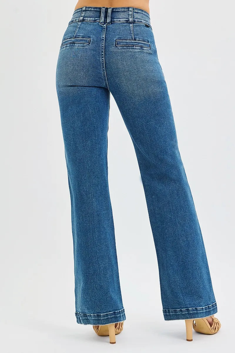RISEN Full Size Tummy Control High Rise Bootcut Jeans with Double Button Waistband Plus Size - Sydney So Sweet