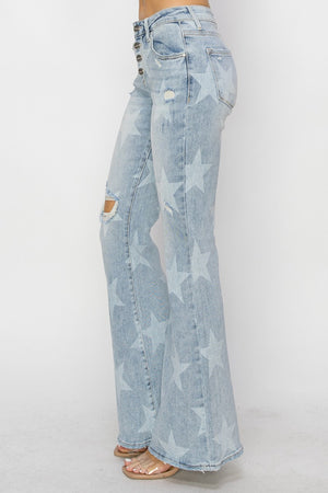 RISEN Mid Rise Button Fly Start Print Flare Jeans - Sydney So Sweet