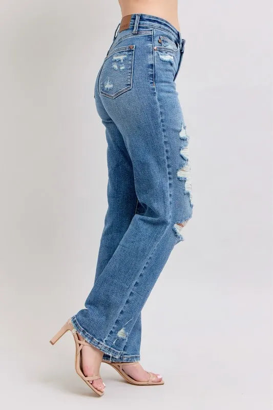 Judy Blue Full Size High Waist Heavy Destroy Straight Jeans Plus Size - Sydney So Sweet