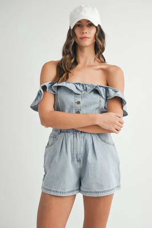 MABLE Off Shoulder Ruffle Detail Denim Romper - Sydney So Sweet
