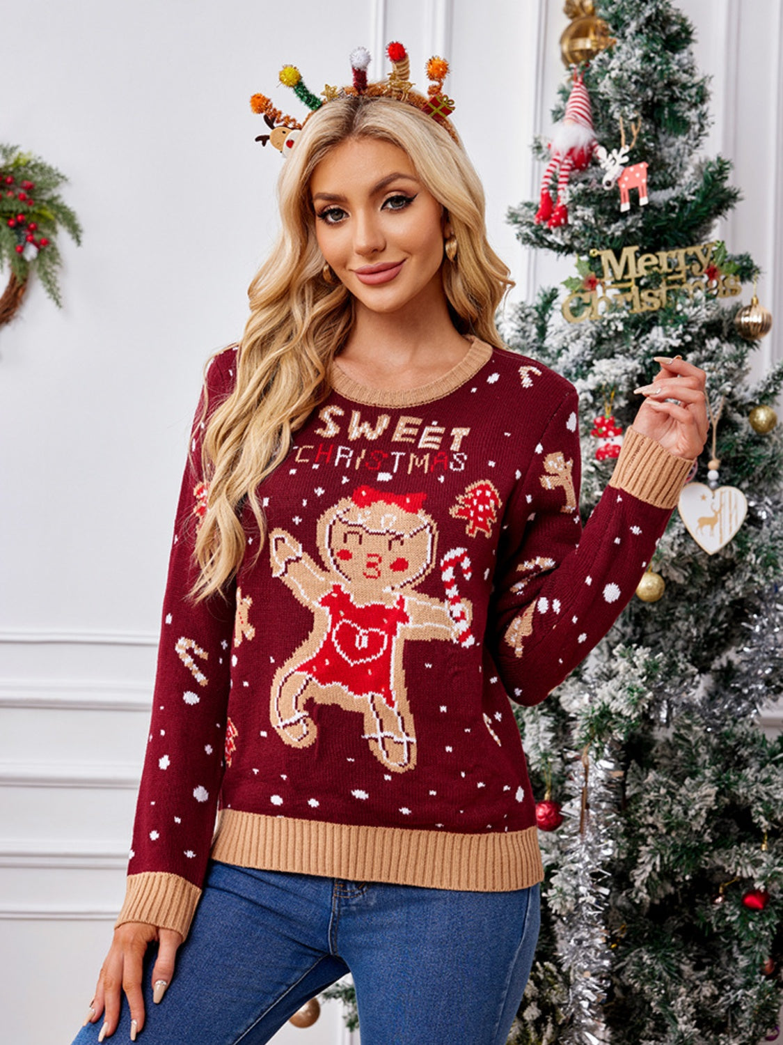 Gingerbread Round Neck Long Sleeve Sweater - Sydney So Sweet