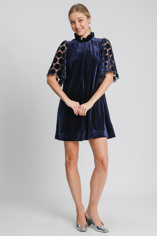 Umgee Dotted Lace Half Sleeve Mock Neck Back Tie Velvet Dress - Sydney So Sweet