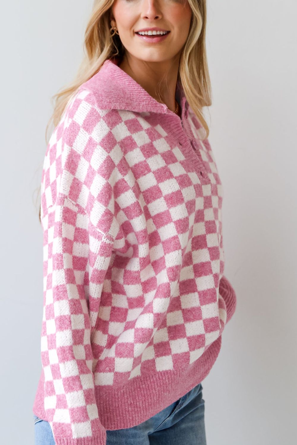 Checkered Collared Neck Long Sleeve Sweater - Sydney So Sweet