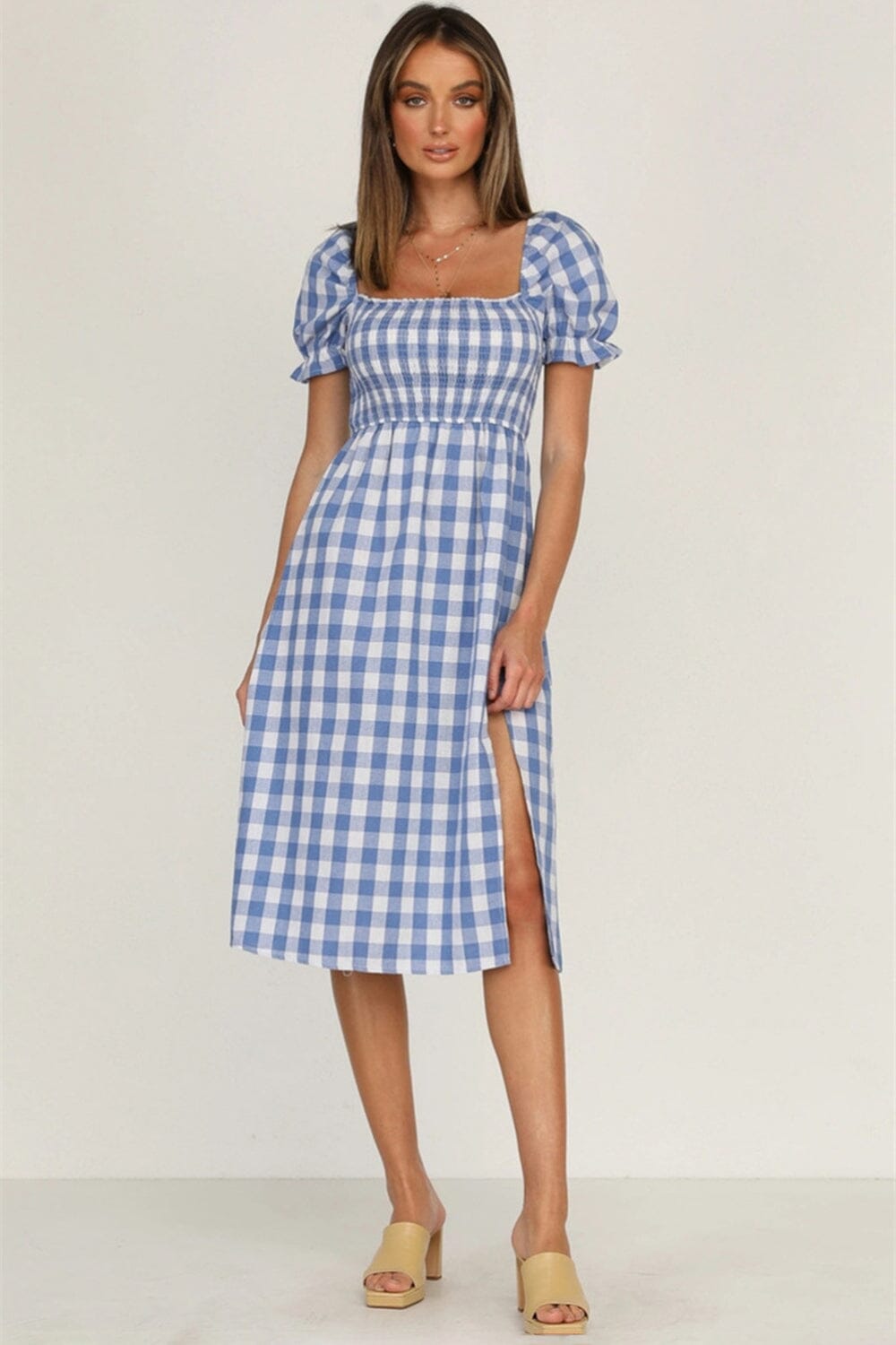 Full Size Slit Plaid Short Sleeve Midi Dress - Sydney So Sweet