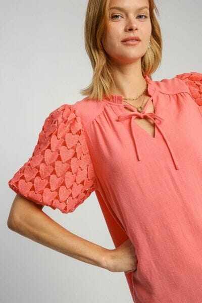 Umgee Full Size Heart Lace Sleeve Ruffle Collar Top Plus Size - Sydney So Sweet