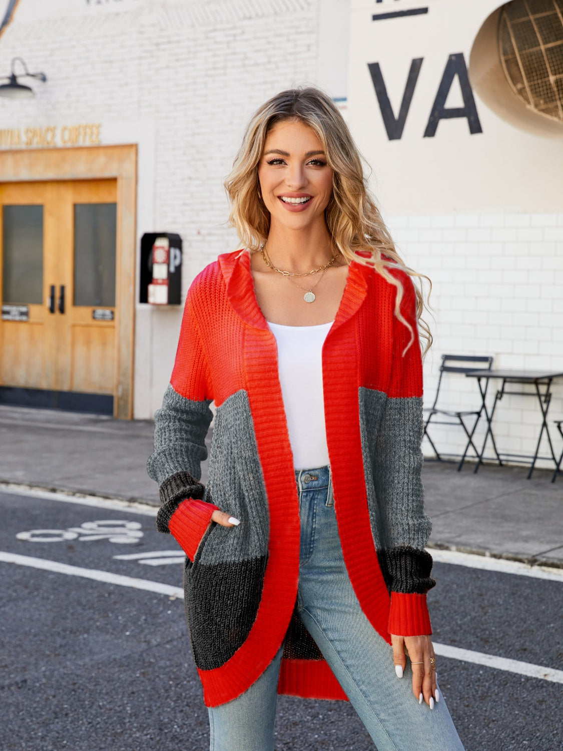 Color Block Open Front Hooded Cardigan - Sydney So Sweet