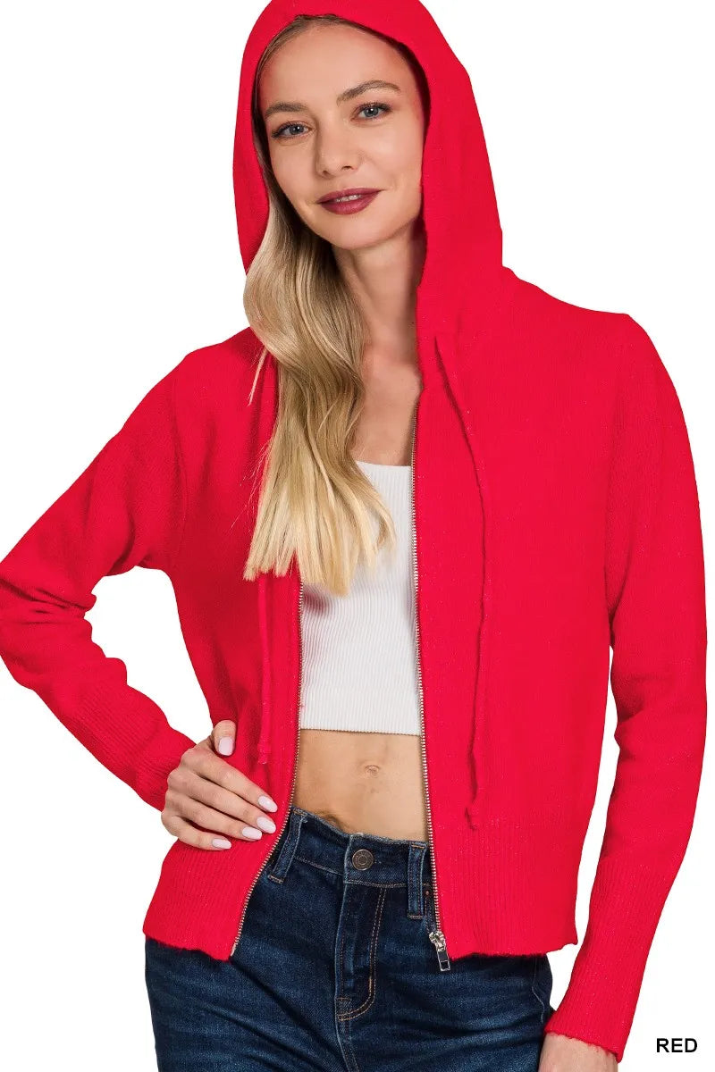 Zenana Drawstring Zip Up Hooded Cardigan - Sydney So Sweet