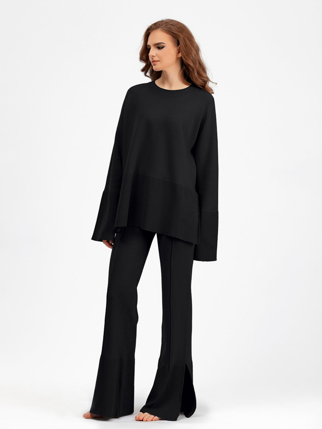 Basic Bae Slit Round Neck Long Sleeve Top and Drawstring Pants Sweater Set - Sydney So Sweet