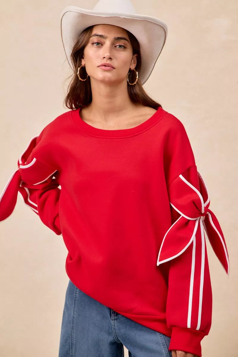 BiBi Bow Detail Sleeves Fleece Sweatshirt - Sydney So Sweet