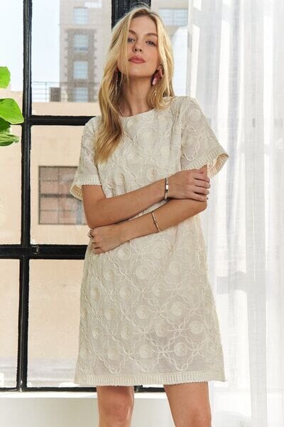 ADORA Applique Round Neck Short Sleeve Shift Dress - Sydney So Sweet