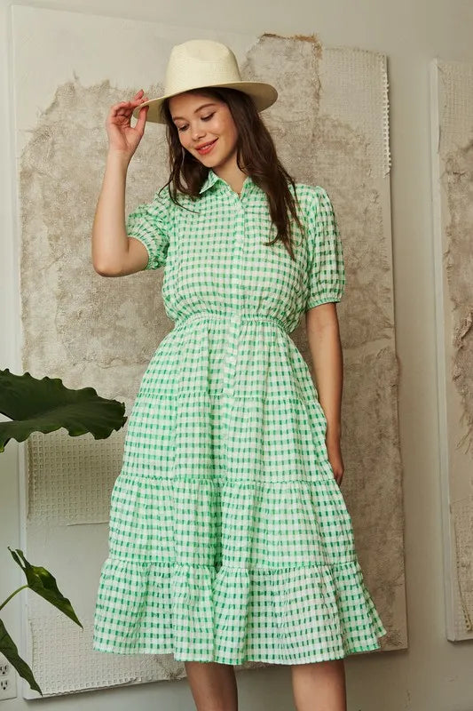 Davi & Dani Checkered Puff Sleeve Tiered Shirt Dress - Sydney So Sweet