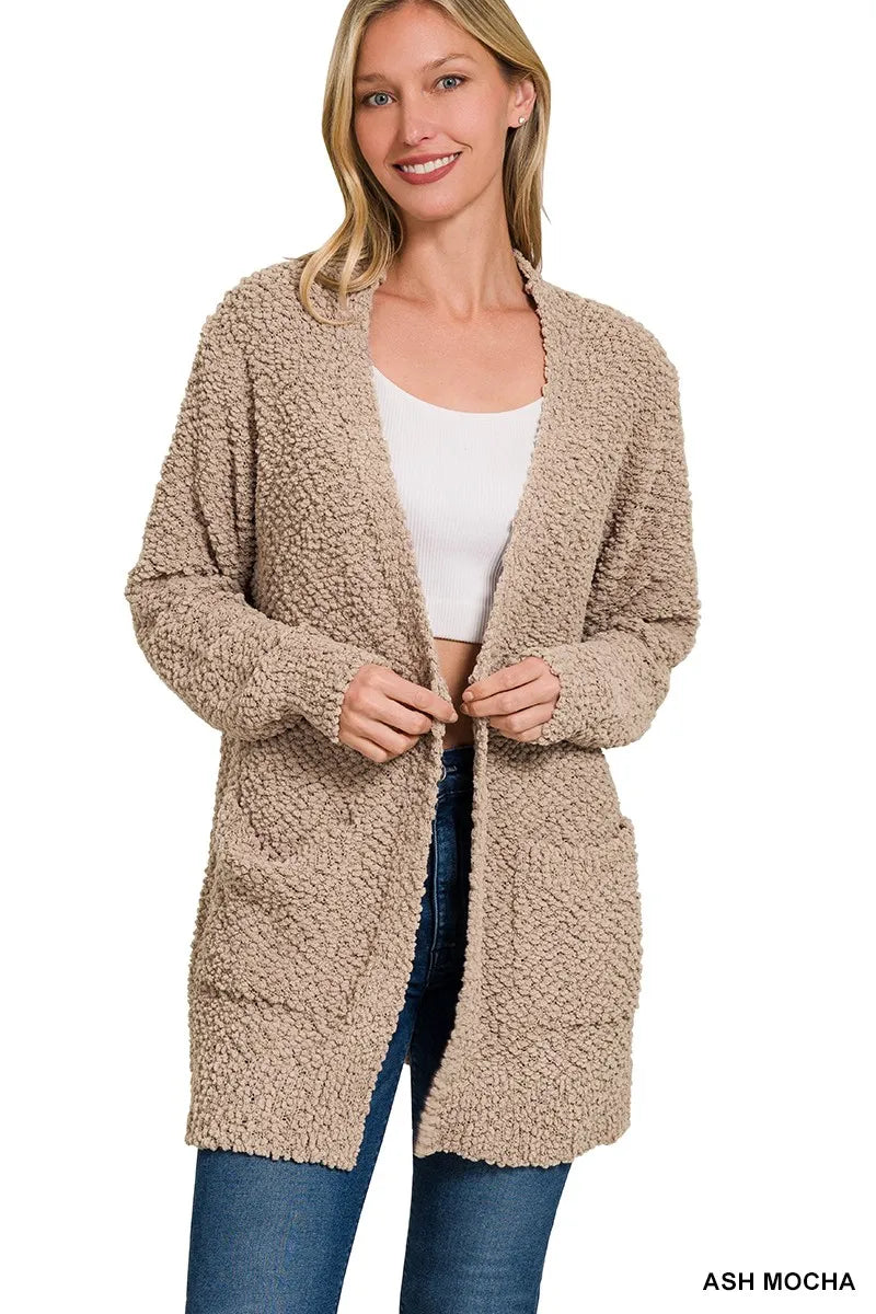 Zenana Long Sleeve Popcorn Sweater Cardigan with Pockets - Sydney So Sweet