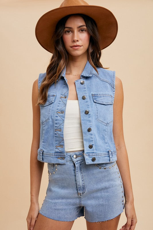 Annie Wear Collared Neck Button Down Denim Vest - Sydney So Sweet