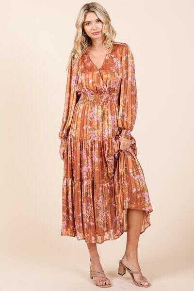 Mittoshop Flower Print Satin Lurex Stripe Smocked Midi Dress - Sydney So Sweet