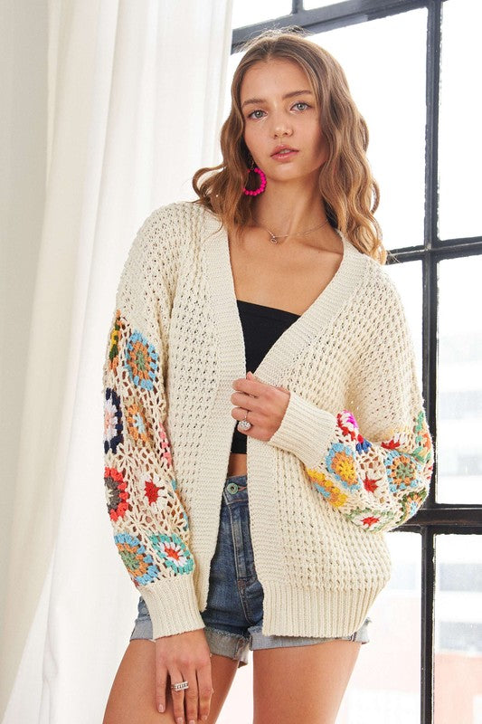 ADORA Plus Size Contrast Crochet Open Front Long Sleeve Cardigan - Sydney So Sweet