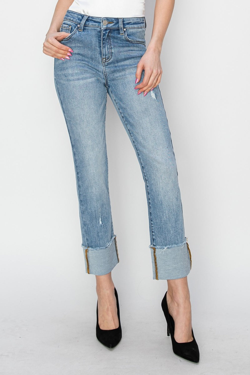 RISEN Full Size High Rise Cuffed Slim Straight Jeans - Sydney So Sweet