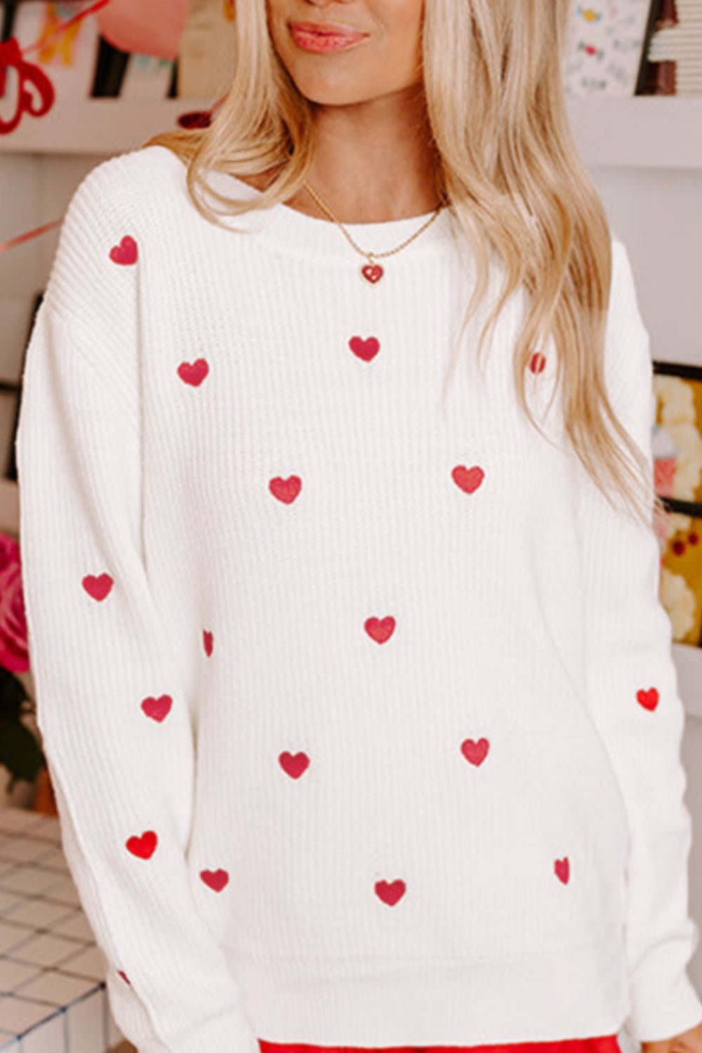 Heart Round Neck Long Sleeve Sweater - Sydney So Sweet