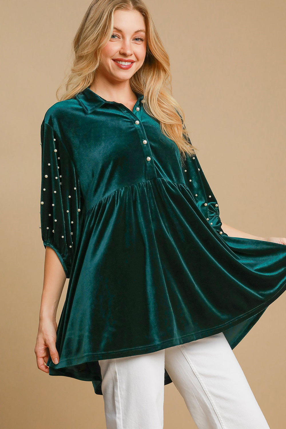 Umgee Pearl Detail Half Sleeve Velvet Babydoll Blouse - Sydney So Sweet