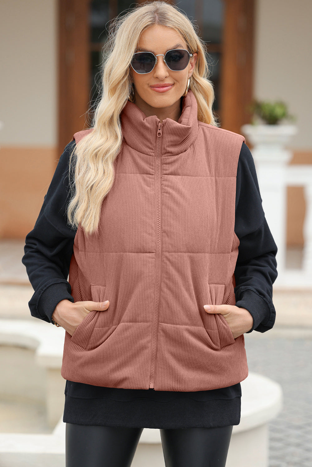 Pocketed Zip Up Turtleneck Vest Coat - Sydney So Sweet