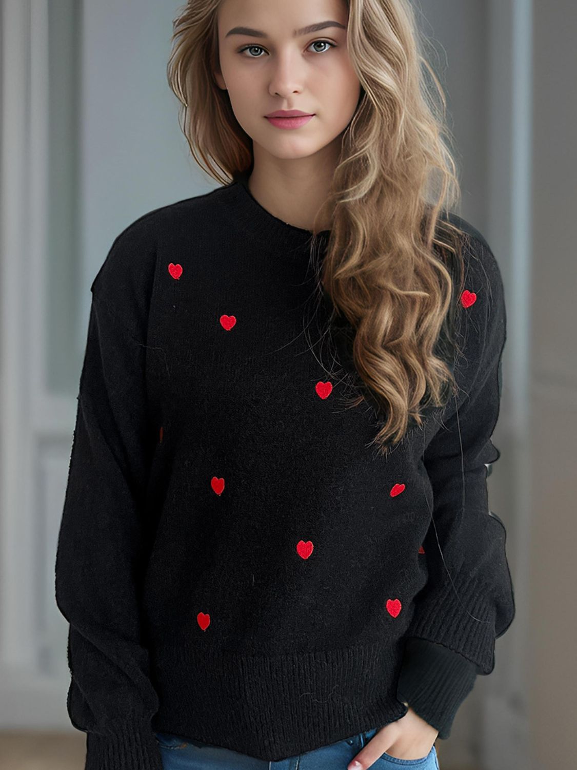 Heart Round Neck Long Sleeve Sweater - Sydney So Sweet