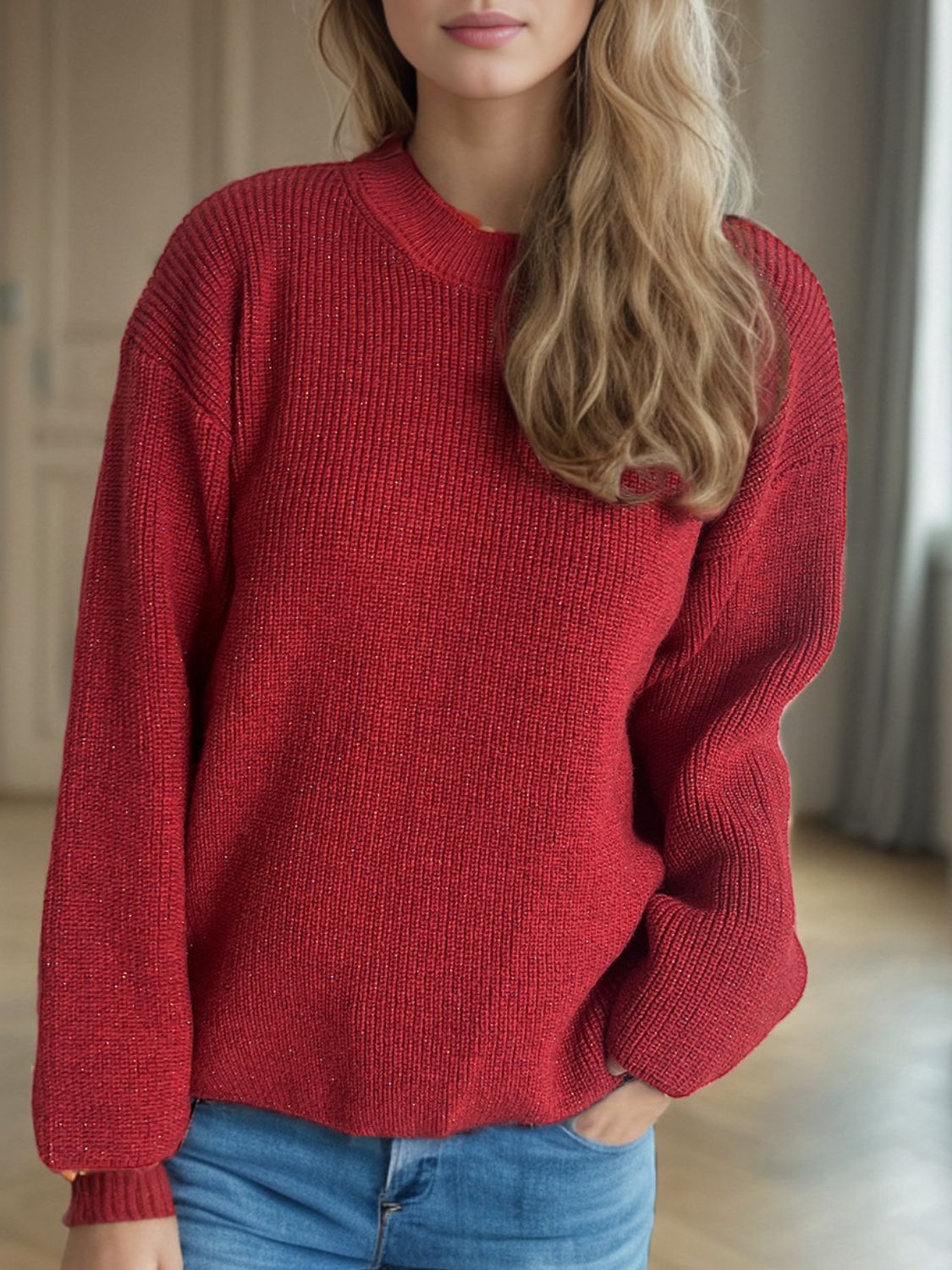 Solid Color Round Neck Long Sleeve Sweater - Sydney So Sweet