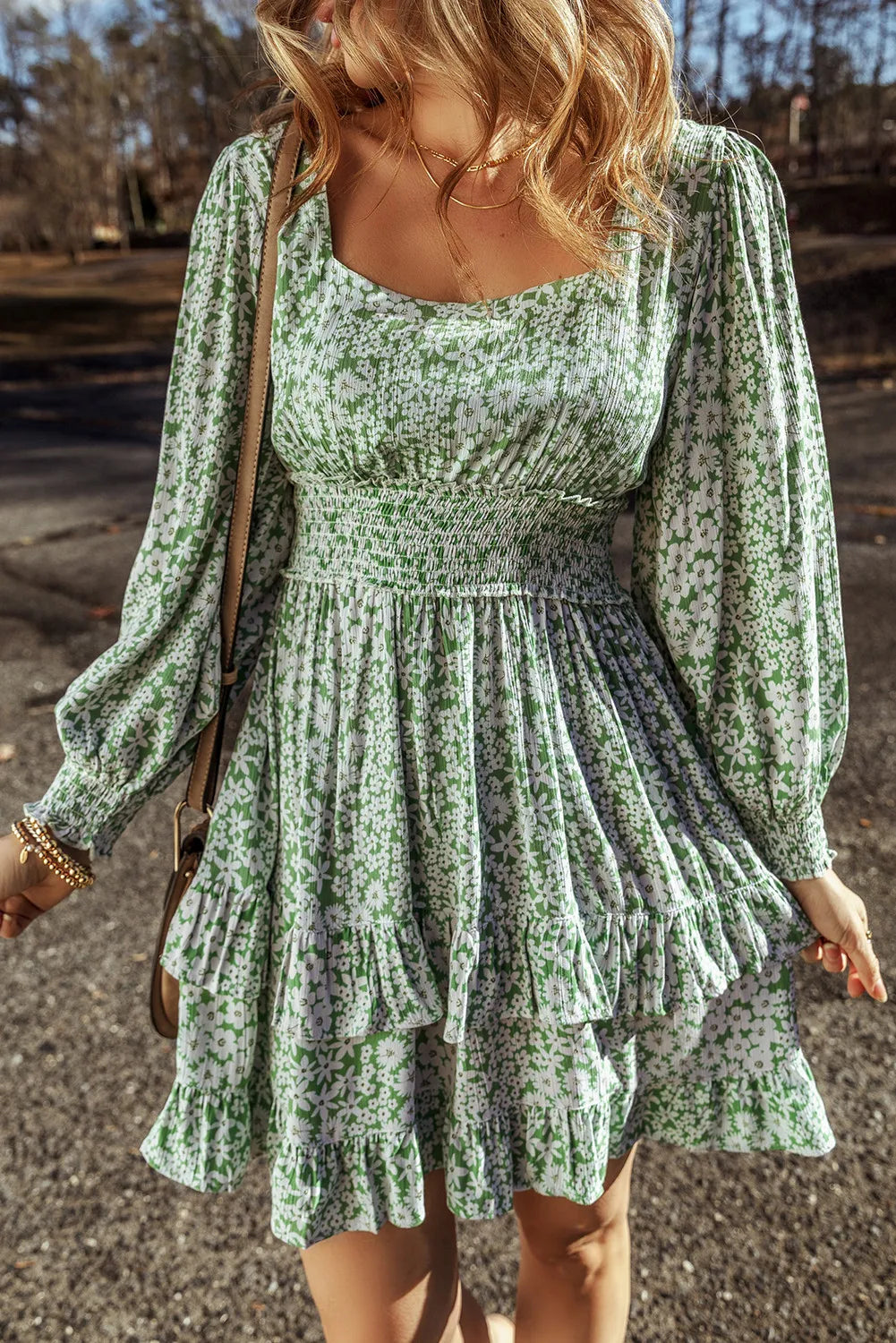 Ruffle Hem Floral Square Neck Long Sleeve Dress - Sydney So Sweet