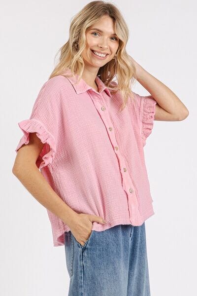 Mittoshop Mineral Washed Button Down Flounce Sleeve Shirt - Sydney So Sweet