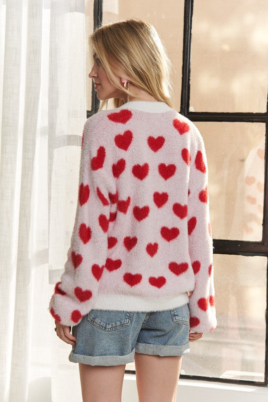 ADORA Fuzzy Heart Button Down Cardigan - Sydney So Sweet