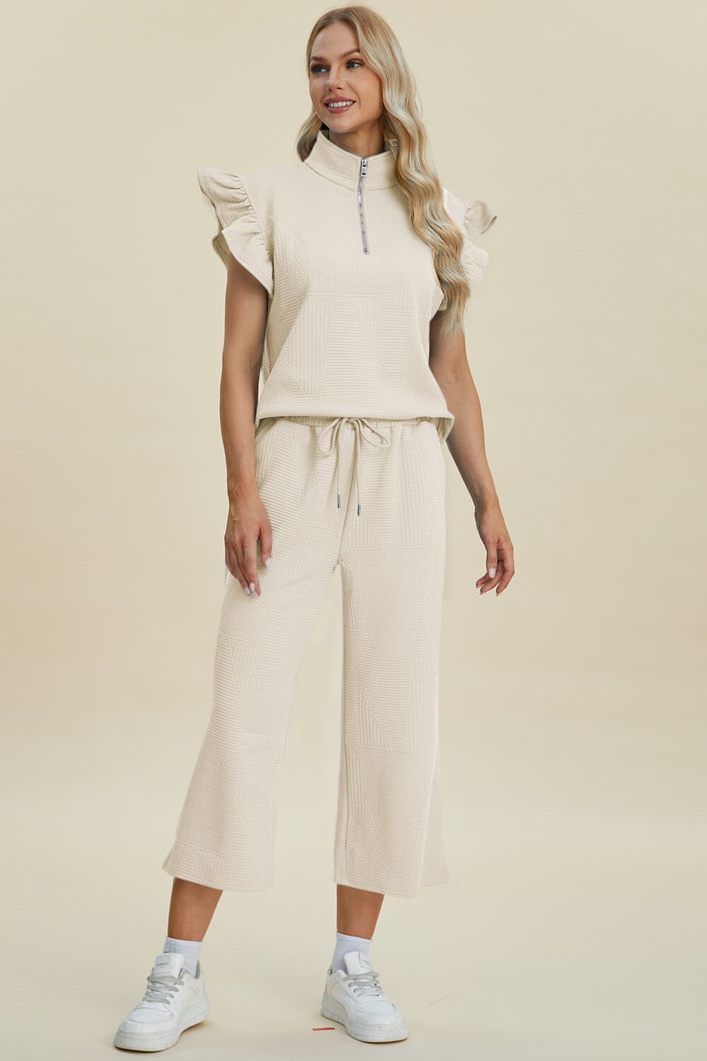 Double Take Full Size Texture Ruffle Short Sleeve Top and Wide Leg Pants Set - Sydney So Sweet